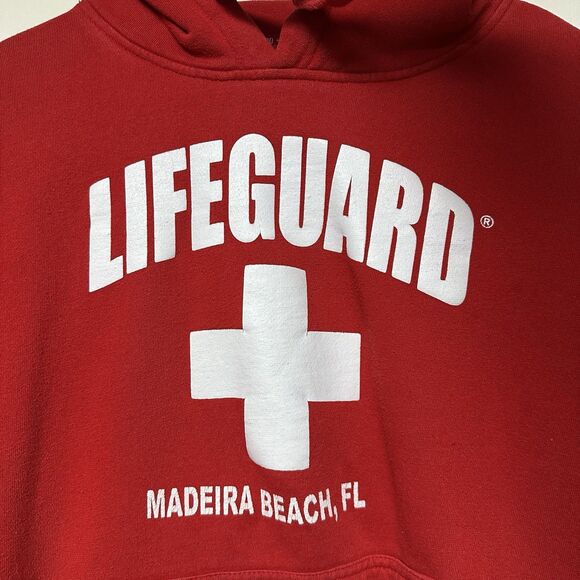 Lifeguard Hoodie Mens Adult L Large Red Sweatshirt Madeira Beach Florida Surf - Picture 2 of 8